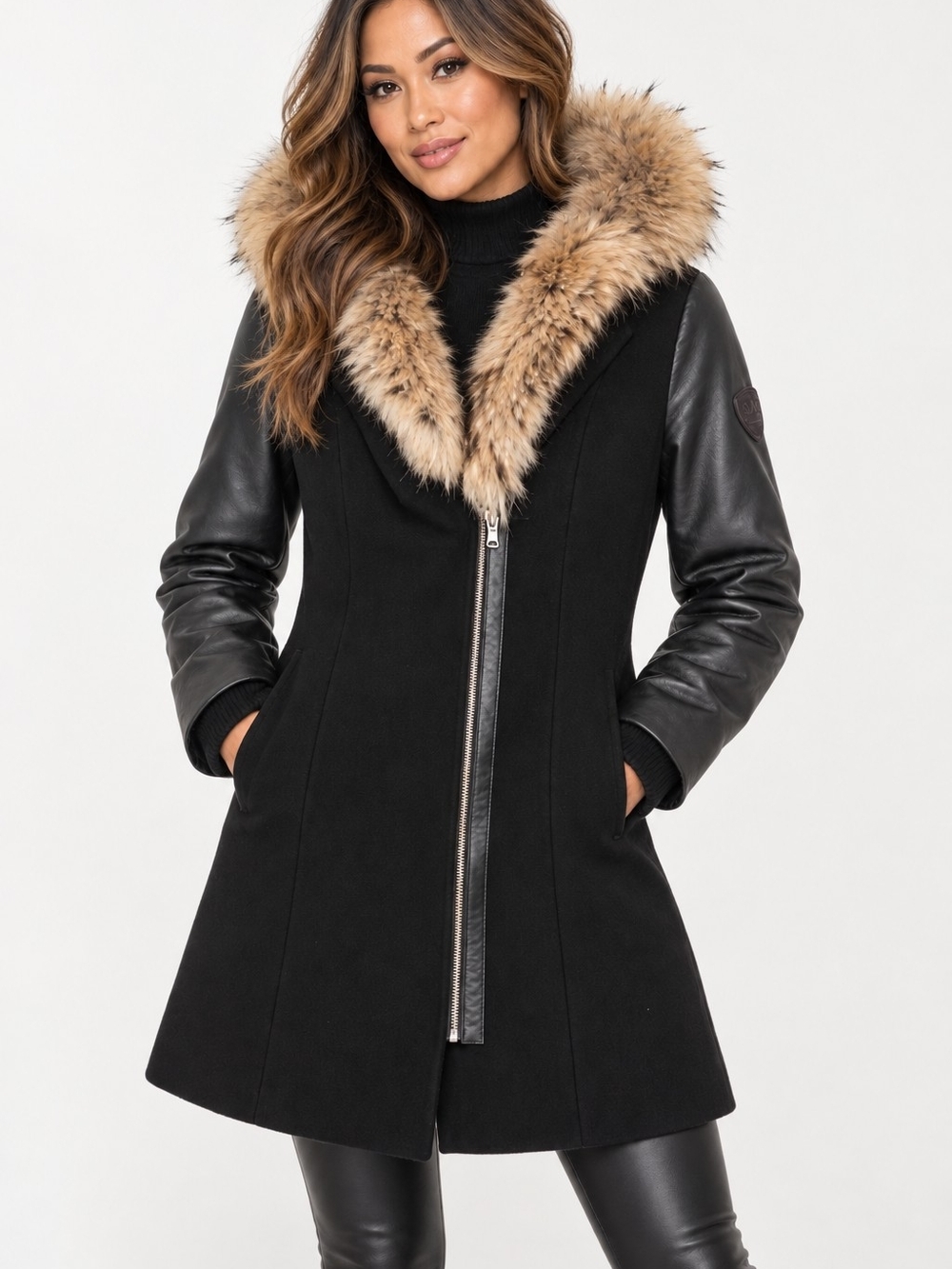 Sicily Fur Trim Black Wool-Blend Coat